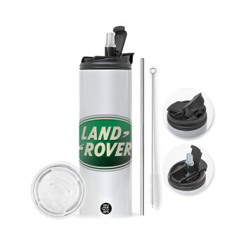 Land Rover, Travel Tumbler θερμό με διπλό καπάκι, μεταλλικό καλαμάκι και βούρτσα καθαρισμού (Ανωξείδωτο 304 Food grade, BPA free, 600ml)