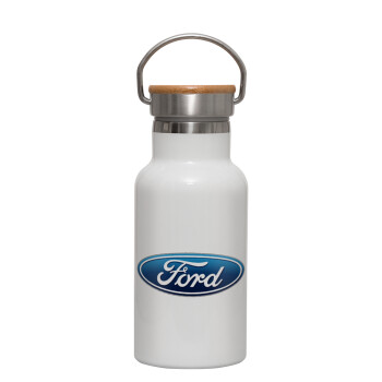 Ford, Μεταλλικό παγούρι θερμός (Stainless steel) Λευκό με ξύλινο καπακι (bamboo), διπλού τοιχώματος, 350ml