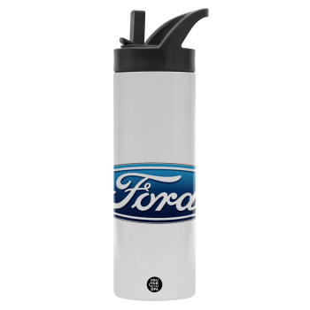 Ford, Μεταλλικό παγούρι θερμός με καλαμάκι & χειρολαβή, ανοξείδωτο ατσάλι (Stainless steel 304), διπλού τοιχώματος, 600ml