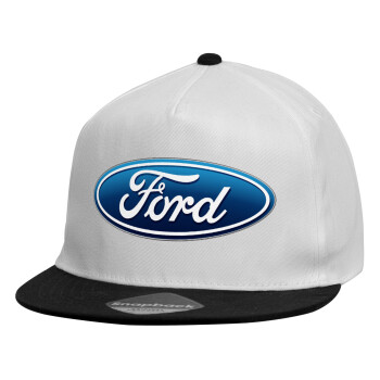 Ford, Child's Flat Snapback Hat, White (100% COTTON, CHILDREN'S, UNISEX, ONE SIZE)