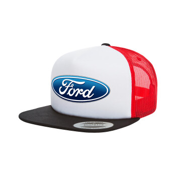 Ford, Adult Foam Flat Snapback with Mesh Black-White-Red (POLYESTER, ADULT, UNISEX, ONE SIZE)