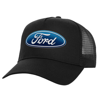 Ford, Structured Trucker Adult Hat, with Mesh, Black (100% COTTON, ADULT, UNISEX, ONE SIZE)