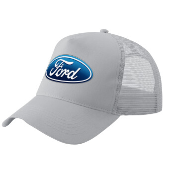 Ford, Adult Structured Trucker Hat, with Mesh, GRAY (100% COTTON, ADULT, UNISEX, ONE SIZE)