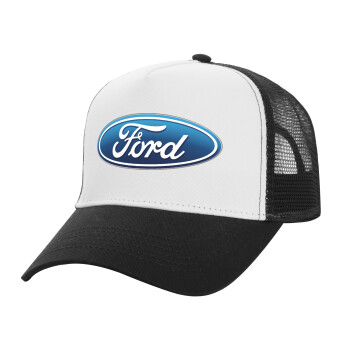 Ford, Adult Structured Trucker Hat, with Mesh, WHITE/BLACK (100% COTTON, ADULT, UNISEX, ONE SIZE)