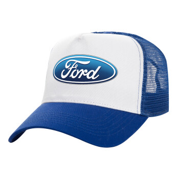 Ford, Adult Structured Trucker Hat, with Mesh, WHITE/BLUE (100% COTTON, ADULT, UNISEX, ONE SIZE)