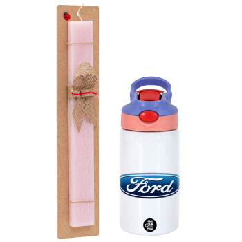 Ford, Easter Set, Children's thermal stainless steel water bottle with safety straw, pink/purple (350ml) & Easter scented flat candle (30cm) (PINK)