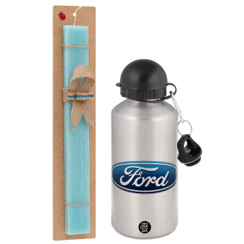 Ford, Easter Set, metallic silver aluminum water bottle (500ml) & scented flat Easter candle (30cm) (TURQUOISE)