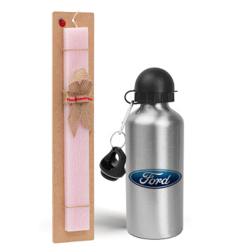 Ford, Easter Set, metallic Silver aluminum water bottle (500ml) & scented flat Easter candle (30cm) (PINK)