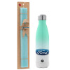 Easter Set, Metallic green/white thermos (Stainless steel), double-walled, 500ml & scented flat Easter candle (30cm) (TURQUOISE)