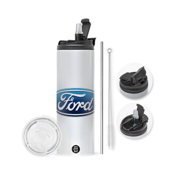 Ford, Travel Tumbler θερμό με διπλό καπάκι, μεταλλικό καλαμάκι και βούρτσα καθαρισμού (Ανωξείδωτο 304 Food grade, BPA free, 600ml)