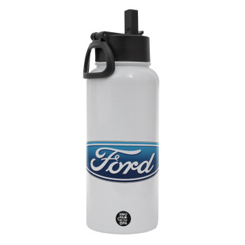 Ford, Μεταλλικό παγούρι θερμός Λευκό με καλαμάκι και χερούλι (Stainless steel), διπλού τοιχώματος, 950ml