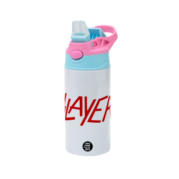 Slayer, Children's hot water bottle, stainless steel, with safety straw, Pink/BlueCiel (360ml) BPA FREE