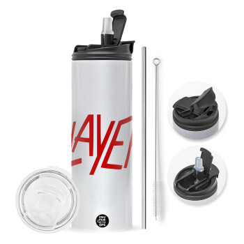 Slayer, Travel Tumbler θερμό με διπλό καπάκι, μεταλλικό καλαμάκι και βούρτσα καθαρισμού (Ανωξείδωτο 304 Food grade, BPA free, 600ml)