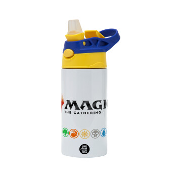 Magic the Gathering, Children's hot water bottle, stainless steel, with safety straw, green, blue (360ml) BPA FREE