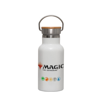 Magic the Gathering, Μεταλλικό παγούρι θερμός (Stainless steel) Λευκό με ξύλινο καπακι (bamboo), διπλού τοιχώματος, 350ml