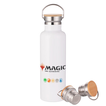 Magic the Gathering, Μεταλλικό παγούρι θερμός (Stainless steel) Λευκό με ξύλινο καπακι (bamboo), διπλού τοιχώματος, 750ml