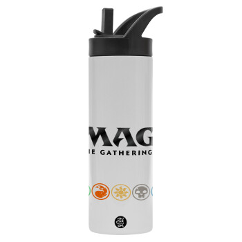 Magic the Gathering, Μεταλλικό παγούρι θερμός με καλαμάκι & χειρολαβή, ανοξείδωτο ατσάλι (Stainless steel 304), διπλού τοιχώματος, 600ml