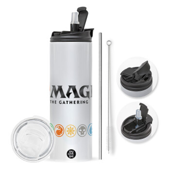 Magic the Gathering, Travel Tumbler 2 Lids, with metal straw & cleaning brush (Stainless steel 304 Food grade, BPA free, 600ml)