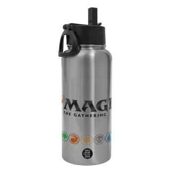 Magic the Gathering, Metal mug thermo Silver with Straw and Spout Lid (Stainless steel), double wall, 950ml