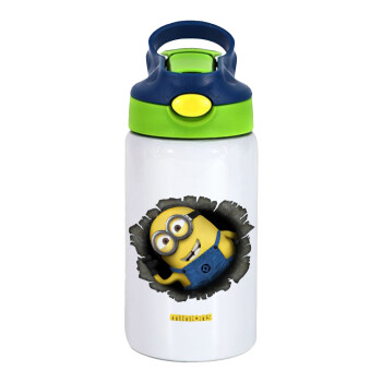 Minions hi, Children's hot water bottle, stainless steel, with safety straw, green, blue (350ml)