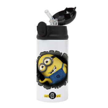 Minions hi, Children's hot water bottle, stainless steel, with safety straw, Black (360ml) BPA-FREE