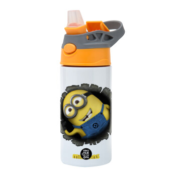 Minions hi, Παιδικό παγούρι θερμό, ανοξείδωτο, με καλαμάκι ασφαλείας, Πορτοκαλί/Γκρι (360ml) BPA-FREE