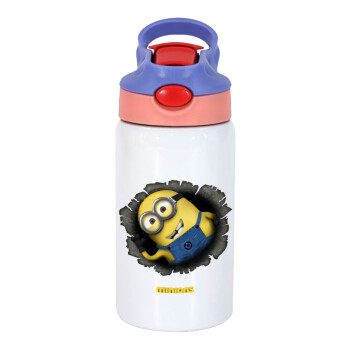 Minions hi, Children's hot water bottle, stainless steel, with safety straw, pink/purple (350ml)