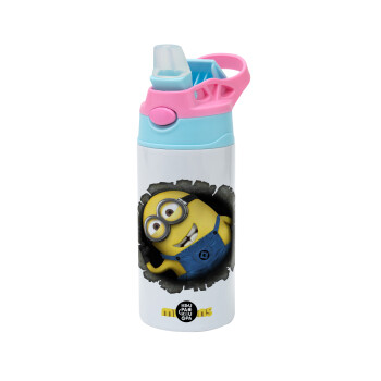 Minions hi, Children's hot water bottle, stainless steel, with safety straw, Pink/BlueCiel (360ml) BPA FREE