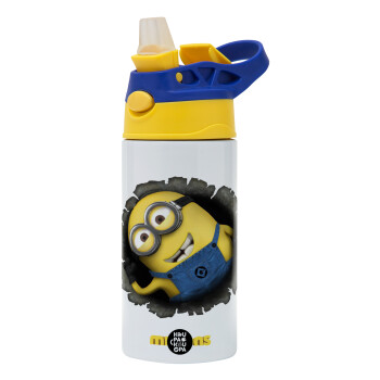 Minions hi, Children's hot water bottle, stainless steel, with safety straw, green, blue (360ml) BPA FREE