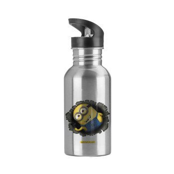 Minions hi, Water bottle Silver with straw, stainless steel 600ml