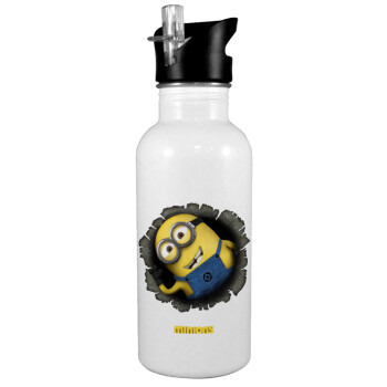 Minions hi, White water bottle with straw, stainless steel 600ml