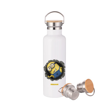Minions hi, Stainless steel White with wooden lid (bamboo), double wall, 750ml