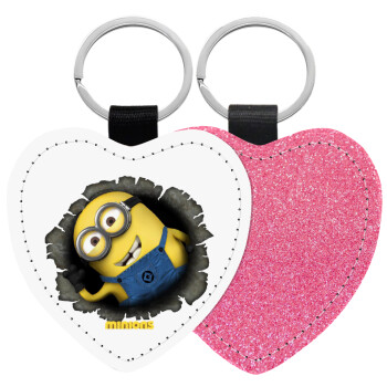 Minions hi, Μπρελόκ PU δερμάτινο glitter καρδιά ΡΟΖ