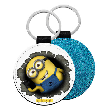 Minions hi, Μπρελόκ Δερματίνη, στρογγυλό ΜΠΛΕ (5cm)