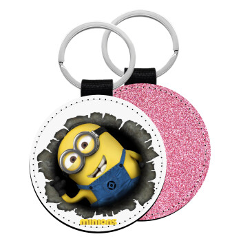 Minions hi, Μπρελόκ Δερματίνη, στρογγυλό ΡΟΖ (5cm)