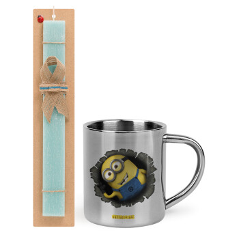 Minions hi, Πασχαλινό Σετ, μεταλλική κούπα θερμό (300ml) & πασχαλινή λαμπάδα αρωματική πλακέ (30cm) (ΤΙΡΚΟΥΑΖ)