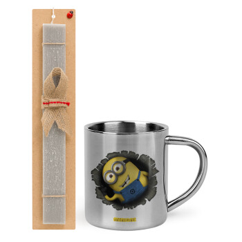 Minions hi, Πασχαλινό Σετ, μεταλλική κούπα θερμό (300ml) & πασχαλινή λαμπάδα αρωματική πλακέ (30cm) (ΓΚΡΙ)