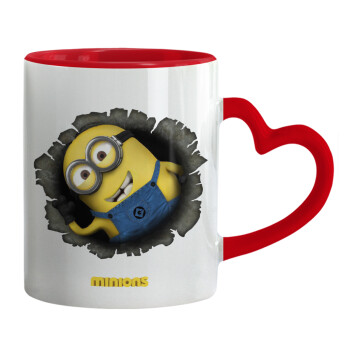 Minions hi, Κούπα καρδιά χερούλι κόκκινη, κεραμική, 330ml