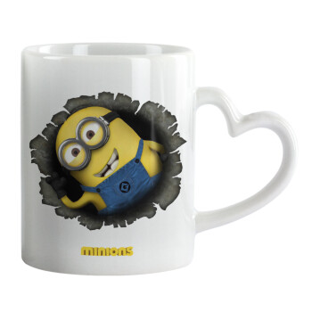 Minions hi, Κούπα καρδιά χερούλι λευκή, κεραμική, 330ml