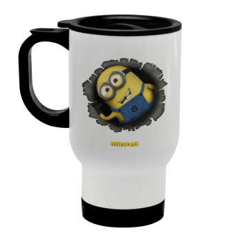 Minions hi, Stainless steel travel mug with lid, double wall white 450ml