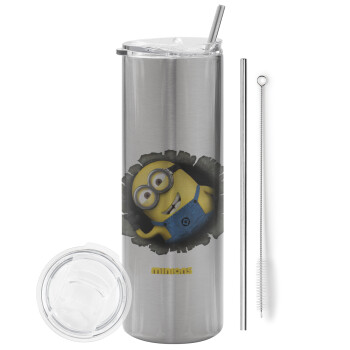 Minions hi, Eco friendly ποτήρι θερμό Ασημένιο (tumbler) από ανοξείδωτο ατσάλι 600ml, με μεταλλικό καλαμάκι & βούρτσα καθαρισμού