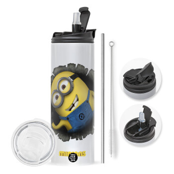 Minions hi, Travel Tumbler θερμό με διπλό καπάκι, μεταλλικό καλαμάκι και βούρτσα καθαρισμού (Ανωξείδωτο 304 Food grade, BPA free, 600ml)