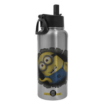 Minions hi, Μεταλλικό παγούρι θερμός Silver με καλαμάκι και χερούλι (Stainless steel), διπλού τοιχώματος, 950ml