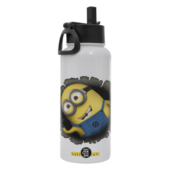 Minions hi, Μεταλλικό παγούρι θερμός Λευκό με καλαμάκι και χερούλι (Stainless steel), διπλού τοιχώματος, 950ml