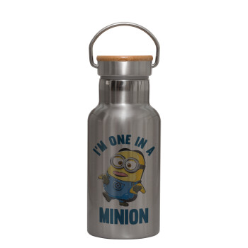 I'm one in a minion, Stainless steel metallic thermos flask, silver with a bamboo lid, double-walled, 350ml.