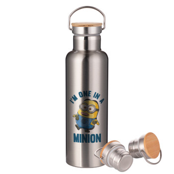 I'm one in a minion, Stainless steel Silver with wooden lid (bamboo), double wall, 750ml