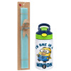 Easter Set, Children's thermal stainless steel bottle with safety straw, green/blue (350ml) & aromatic flat Easter candle (30cm) (TURQUOISE)