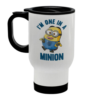 I'm one in a minion, Stainless steel travel mug with lid, double wall white 450ml