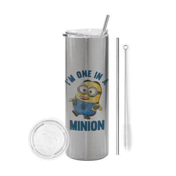 I'm one in a minion, Eco friendly ποτήρι θερμό Ασημένιο (tumbler) από ανοξείδωτο ατσάλι 600ml, με μεταλλικό καλαμάκι & βούρτσα καθαρισμού