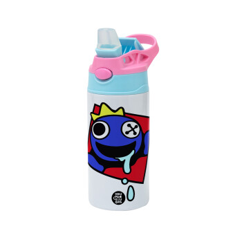 Blue, Rainbow friends, Children's hot water bottle, stainless steel, with safety straw, Pink/BlueCiel (360ml) BPA FREE